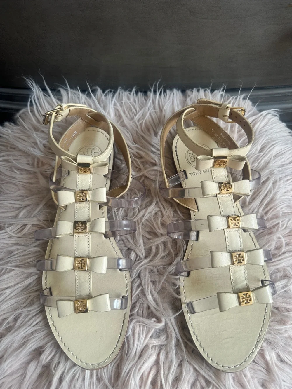 Tory Burch Cream and Clear Bow-Strap Sandals with Gold Logo
